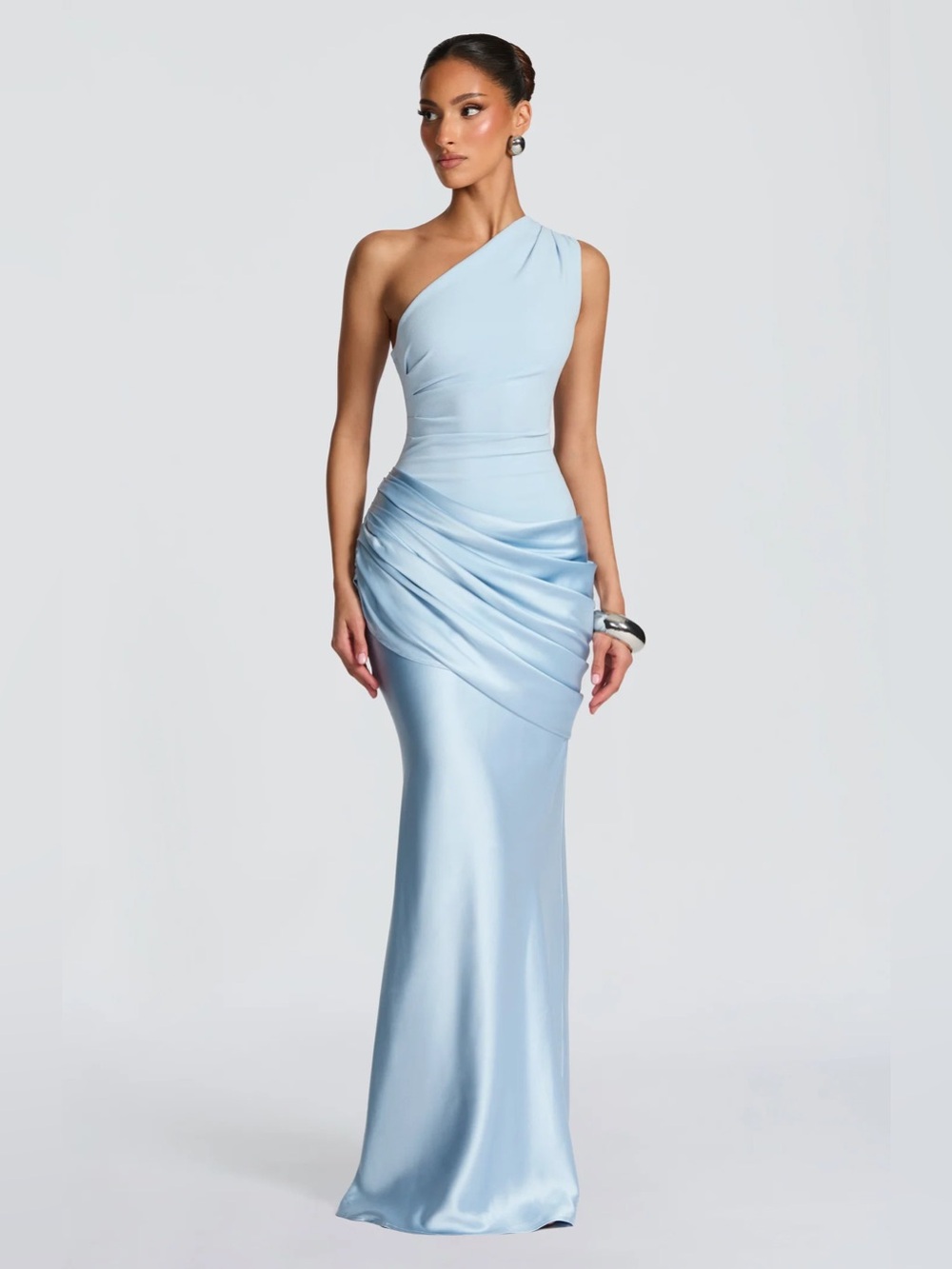 Babyboo Sadona Maxi Dress- One-Shoulder Light Blue Ruched Evening Gown